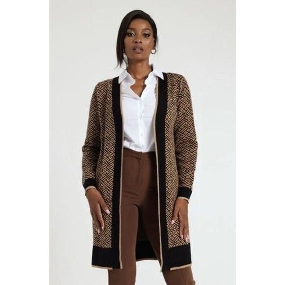 River Island Geo Pattern Open Front Cardigan Women Size M Brown - Picture 10 of 11